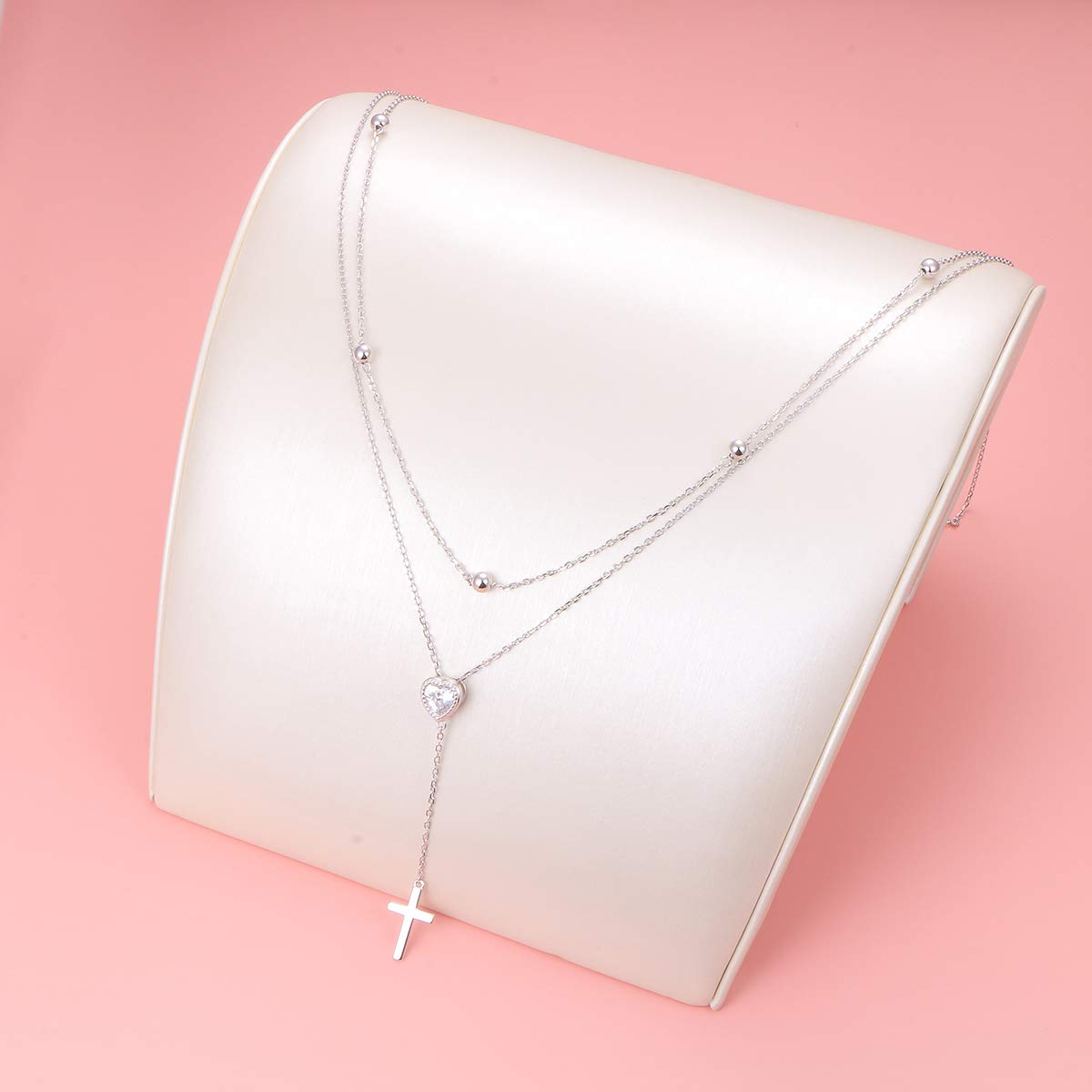 FLYOW Layered Cross Necklace 925 Sterling Silver Heart CZ Double Choker Y Lariat Long Necklace Mothers Day Birthday Valentine's Day Gifts for Women