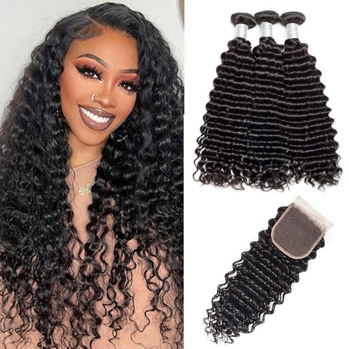 Deep Wave Bundles with Closure Human Hair 16 18 20 inch Human Hair Bundles with 14 inch 5x5 HD Lace Closure Free Part 100% Unprocessed Virgin Hair Bundles Natural Color Soft