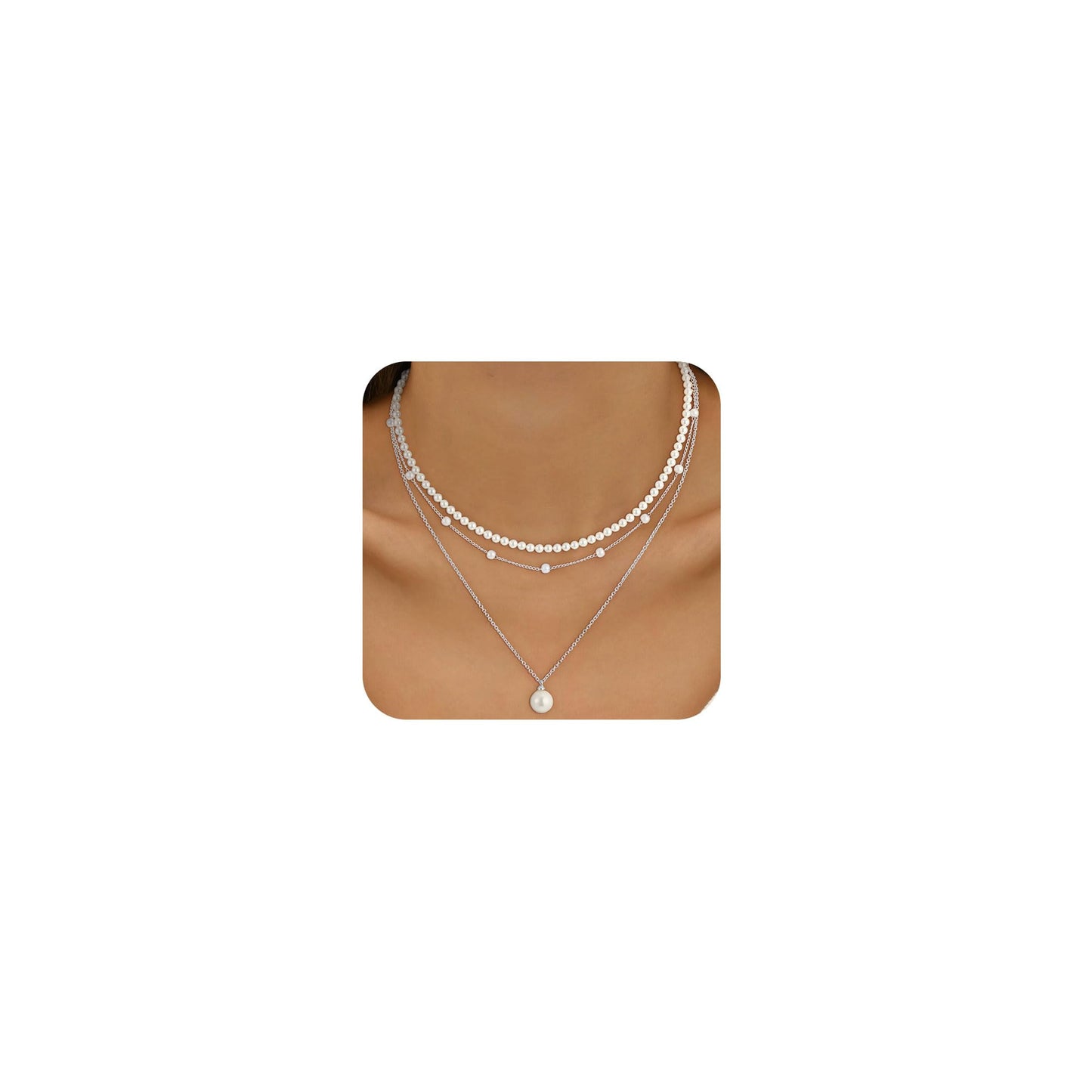 Fezodo Pearl Necklaces for Women Trendy, Dainty Silver Pearl Necklace Simple Layered Pearls Choker Necklace Stack Cute Pearls Wedding Bride Jewelry Silver Layered Necklaces for Women Jewelry Gifts