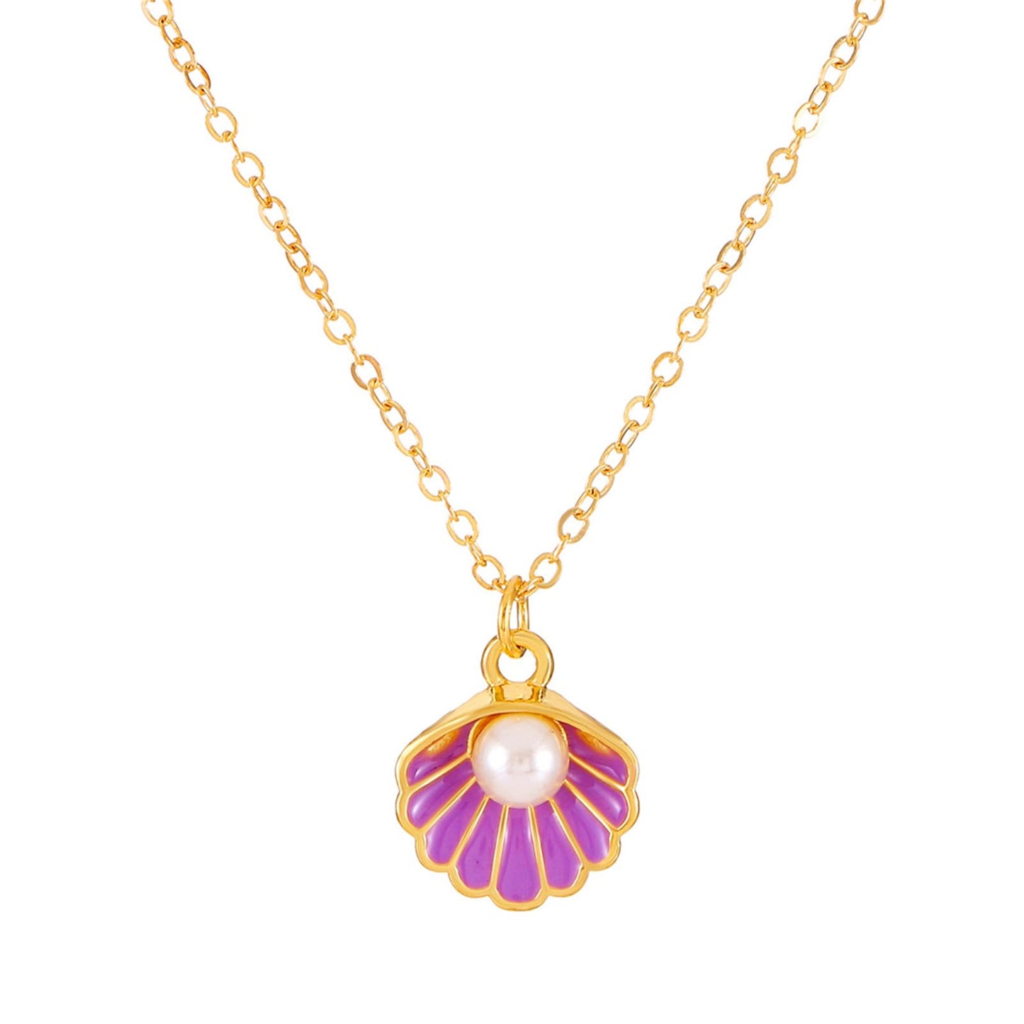 Seashell Pearl Pendant Necklace Gold Plated Boho Enamel Pink Blue Scallop Sea Shell Starfish Ocean Animal Chain Necklace for Women Hawaiian Summer Beach Holiday Fashion Jewelry Gifts (Purple)