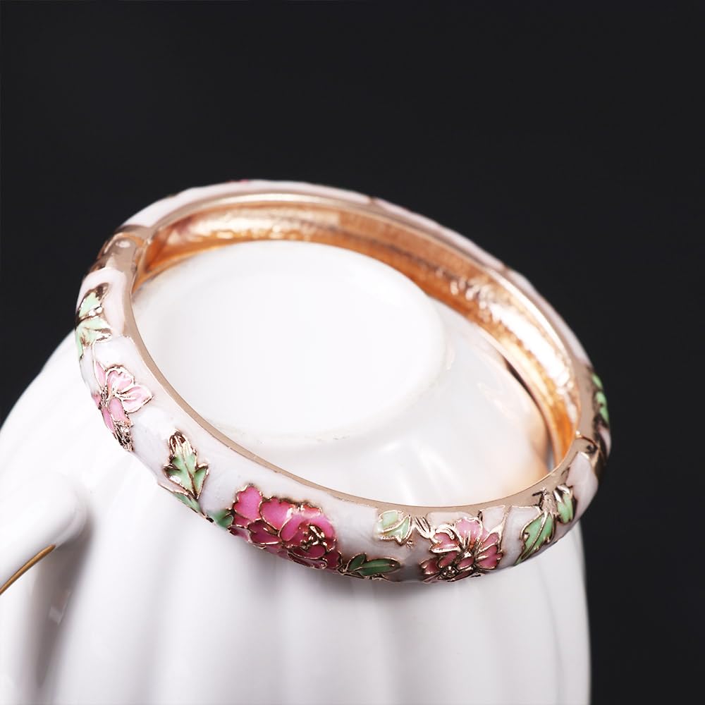 Cloisonne Bangle Colorful Enamel Peony Flower Chinese Filigree Flower Bracelet Traditional Handicraft Ethnic Bangles for Women Gifts Bracelet Gifts, Random Color