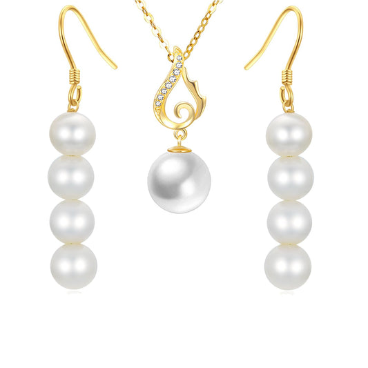 14K Gold Cubic Zirconia Wing Freshwater Cultured Pearl Necklace and Dangle Earrings Set, Fine Jewelry for Women