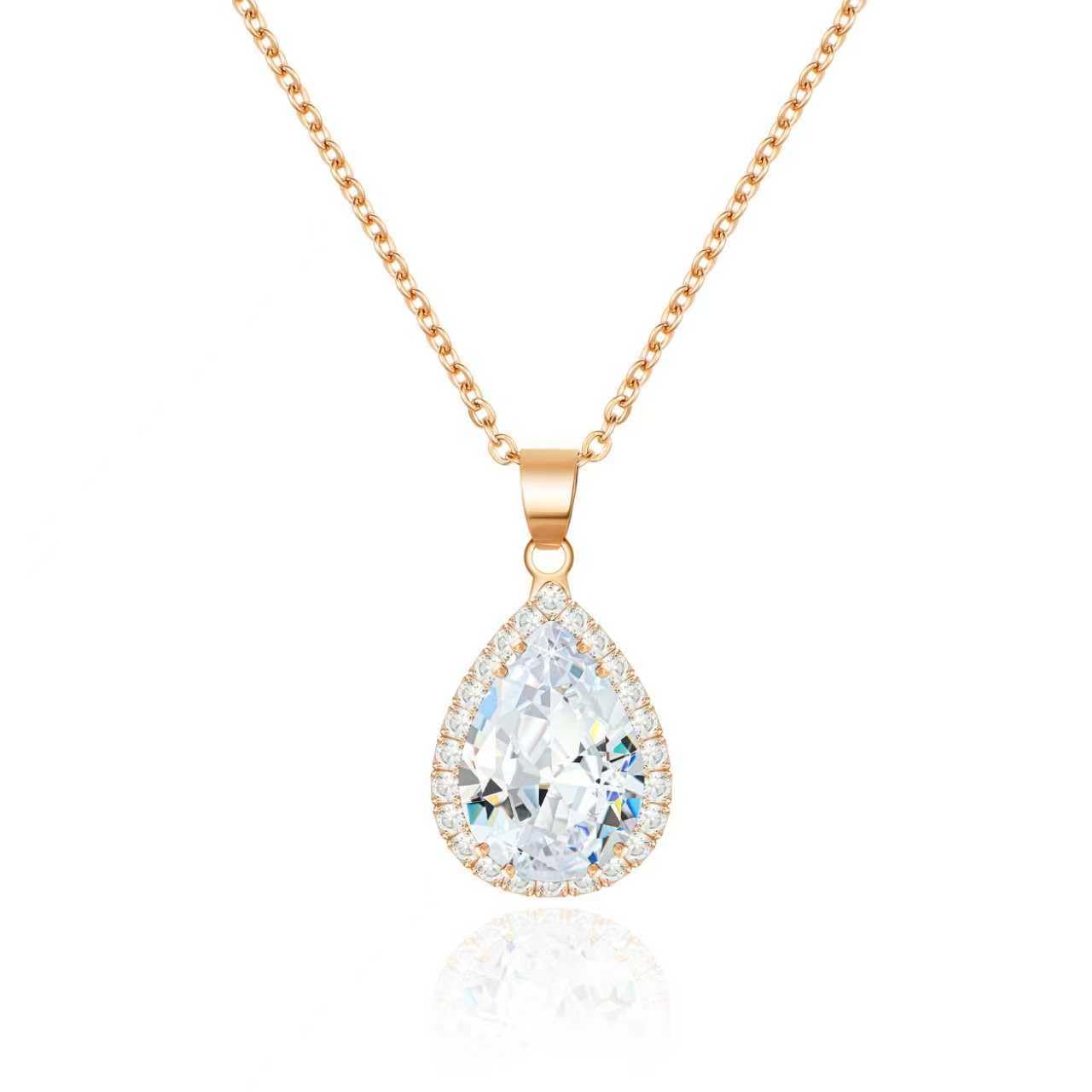 Linawe Crystal Chain Necklace for Women Rose Gold, Dainty Imitation Diamond Pendant Moonstone Moissanite Necklace, Cubic Zirconia Wedding Bride Teardrop Necklace Set