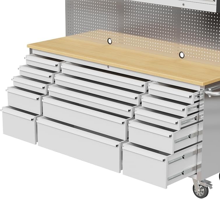 72 Inch Garage Tool Cabinet with 15 Drawers, Garage Workbench/Storage Cabinet, Rolling Toolbox Stainless Steel Tool Bench with Locking System, Metal Construction, Workshop/Garage/Home