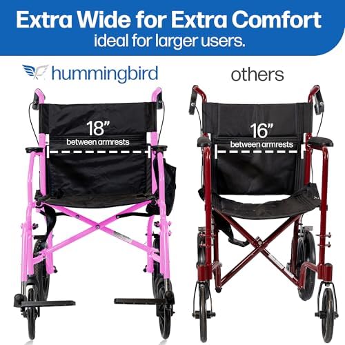 Platinum Health Hummingbird™ Ultra-Lightweight Foldable Transport Wheelchair, Handbrakes,12-Inch Rear Wheels, Extra-Wide Seat. Convenient Table-Length Padded Armrests. (Sunrise Pink)