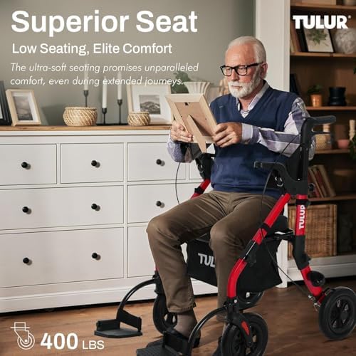 Rollator Walkers with Seat - 【Ultra-Compact】 All Terrain Rollator for Short People, Compact Walker for Seniors, 4 Wheels, Pre-Assembled (Bright Red)