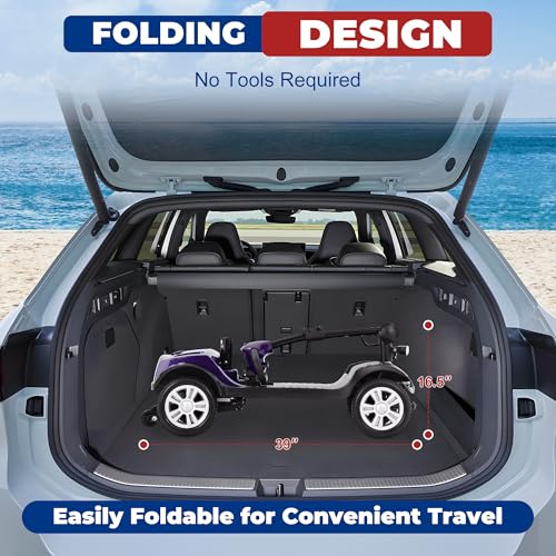 Metro Mobility 4 Wheel Powered Mobility Scooters, 300 lbs Capacity Mobility Scooters for Adults, Folding Mobility Scooter Lightweight, Electric Scooters for Seniors 10 Miles Range LED Light Purple