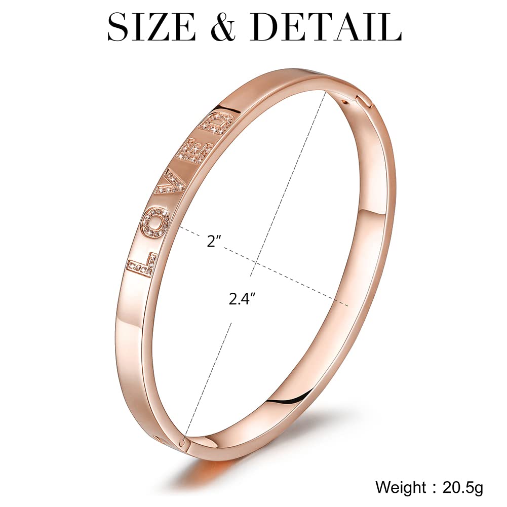 WISTIC Gold Plated Bangle Bracelet for Women, Silver Engraved Letter Cuff Bracelet with CZ, Fits 6.0–7.0 Inch Wrist, 2.4in Inner Dia., Rose Gold Stainless Steel Hinged Bangle Jewelry, LOVED, Rose Gold