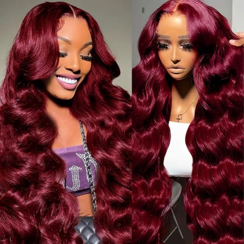 Gemlong 22 Inch 99J Burgundy Lace Front Wigs Human Hair Body Wave 13x4 HD Transparent Pre Plucked Glueless Lace Frontal Wig Human Hair 200% Density Red Wine Colored Human Hair Wigs for Women