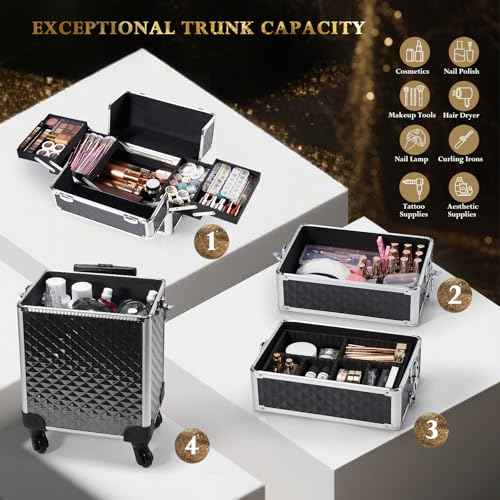 Stagiant Rolling Makeup Case Cosmetology Case on Wheels 4 in 1 Large Cosmetic Organizer Train Case Makeup Travel Case with Key Swivel Wheels Nail Artist Salon Storage Traveling Cart Trunk Black