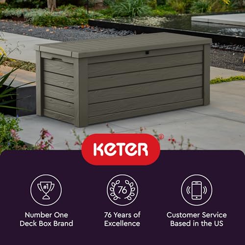 Keter Westwood 150 Gallon Resin Large Outdoor Storage Box for Patio Furniture, Outdoor Cushions, Garden Tools and Pool Floats, Taupe