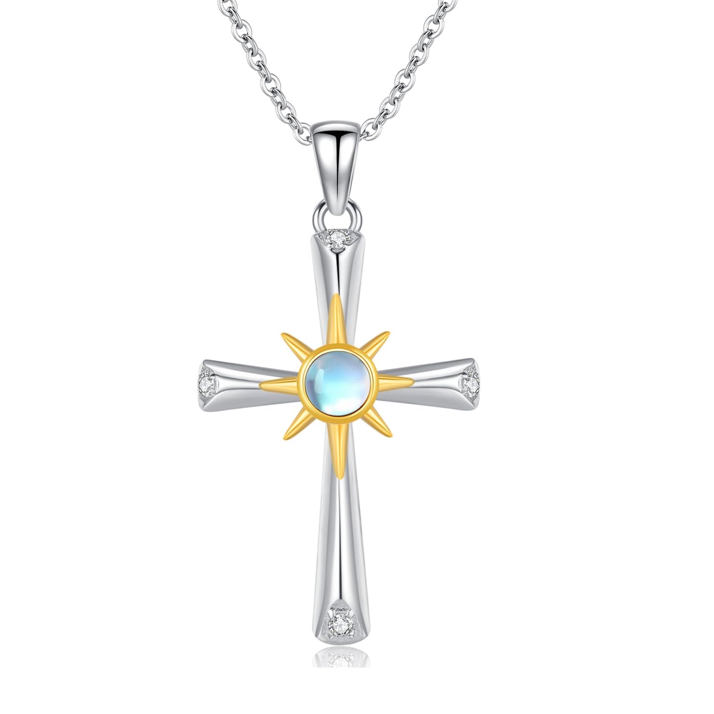 Silikepa Cross Necklace for Women 925 Sterling Silver Sun Cross Pendant Necklace with Moonstone Jewelry Gift for Women