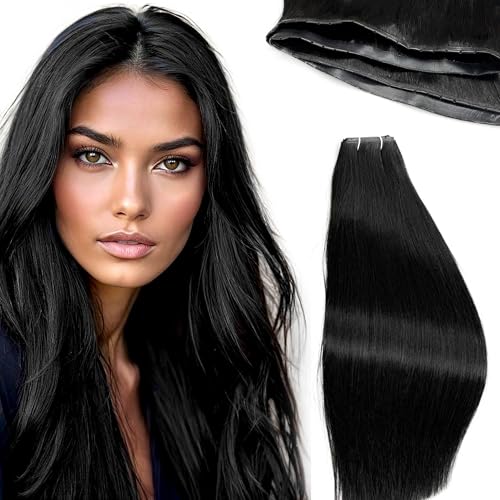 Butterfly Weft Hair Extensions Human Hair-Invisible Double Layered with Hole Hand Tied Genius Weft PU Seamless Micro Beads Real Remy Hair Jet Black 100g #1 16 Inch