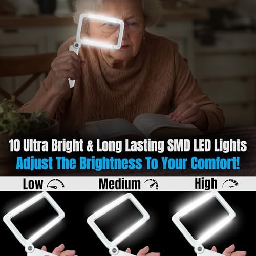 MAGNIPROS Rechargeable 4X Magnifying Glass with Light for Reading, Large Foldable LED Page Magnifier, Dimmable Handheld Rectangle Magnifier for Seniors, Small Print, Low Vision Books