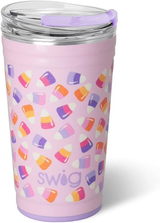 Swig Life 24oz Party Cup, Halloween Insulated Travel Coffee Tumbler with EZ Slider Lid, Cup Holder Friendly, Stainless Steel 24 oz Tumbler, Reusable Mug (Candy Corn)