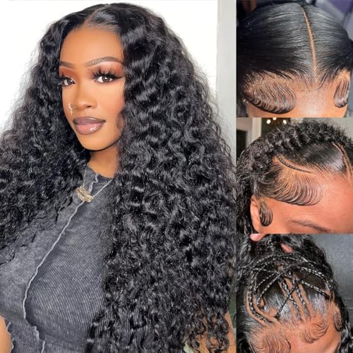 Water Wave Lace Front Wigs Human Hair Pre Plucked Bleached Knots Wet and Wavy 13x6 HD Lace Frontal Wigs for Black Women 200% Density Brazilian Remy Human Hair (Water Wave Wig, 24 Inch)