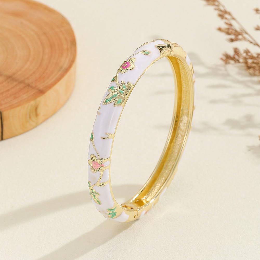 BlingNook Cloisonne Bracelet For Women, Chunky Bangle Trendy Cute Flower Enamel Bangles Multi Tone Engraved Cuff Gold Plated Bracelets Stackable Wife Jewelry Friendship Gift (Pink, One Size)