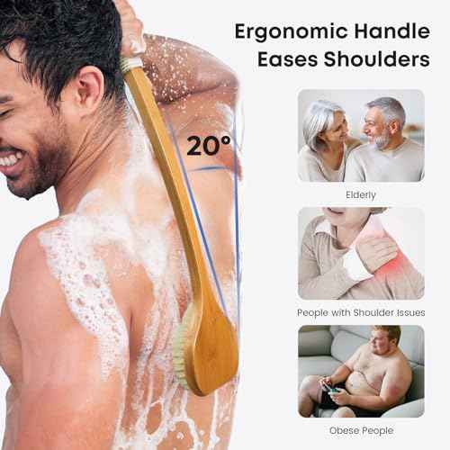 Bamboo Back Scrubber with Curved Long Handle, 17.3 Inches Exfoliating Shower Brush with Stiff Bristles for Men and Women, Back Washer Body Exfoliator for Bath or Dry Brushing