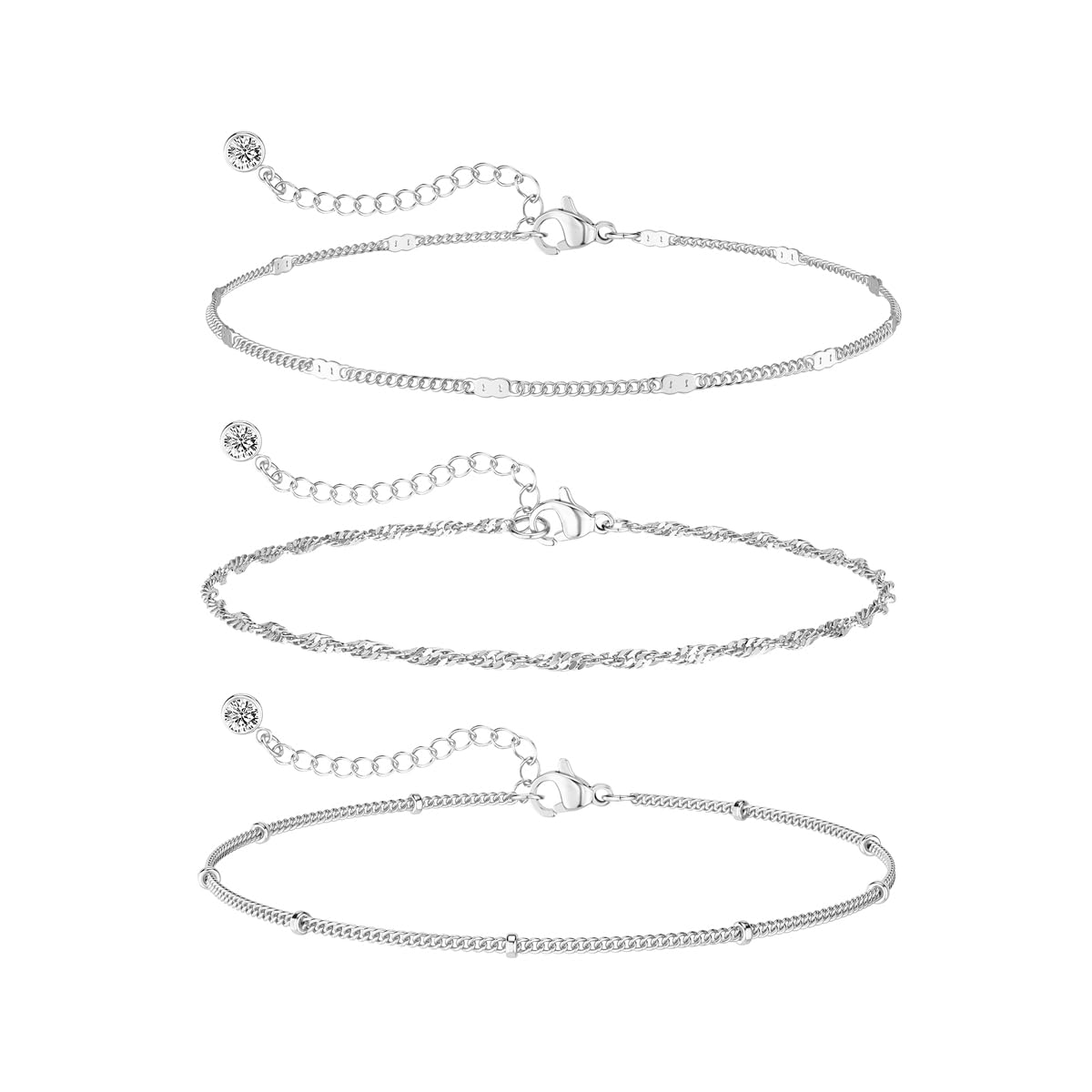 DEARMAY Dainty Silver Plated Bracelets for Women Trendy, Silver Jewelry Set Paperclip Box Herringbone Figaro Rope Chain Bracelet for Women Fashion Pack Gifts