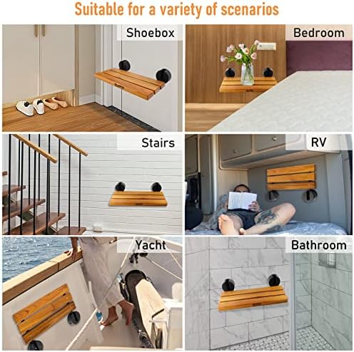 20 inchs Teak Folding Shower Seat Wall Mounted,Fold Down Shower Bench for Small Shower Space, Home Care Teak Wood Stool for Inside Shower,Pregnants-Maximum Load 440lb,for Elderly, Adults