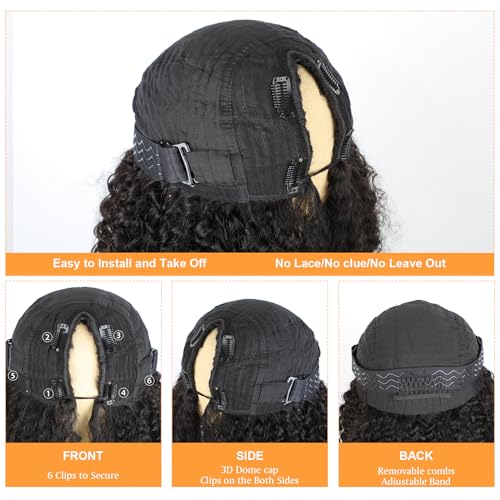 Domiso Curly V Part Wig Human Hair Upgrade U Part Wigs Human Hair Wigs for Black Women Human Hair Glueless V Shape Wigs Kinky Curly Wigs No Leave Out 180% Density Natural Color 18 Inch