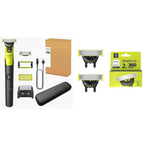 Philips Norelco OneBlade 360 with Connectivity Face & Body Hybrid Electric Trimmer & Shaver, QP4631/90 + Philips Norelco Genuine OneBlade 360 Blade Replacement Blades, 2 Count, QP420/80