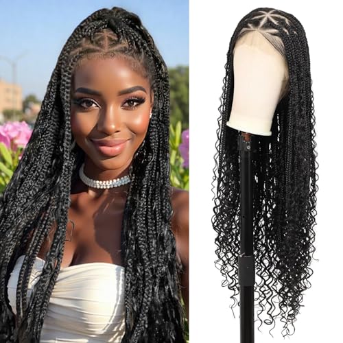13x8'' HD Lace Front Boho Braided Wig Knotless Braided Wigs for Black Women Box Braid Wig Premium Synthetic Braided Lace Front Wig with Baby Hair Long Black 36 Inch