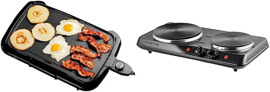 OVENTE Electric Griddle with 16 x 10 Inch Flat Non-Stick Cooking Surface, Adjustable Thermostat & Electric Countertop Double Burner, 1700W Cooktop with 7.25 and 6.10 Inch Cast Iron Hot Plates