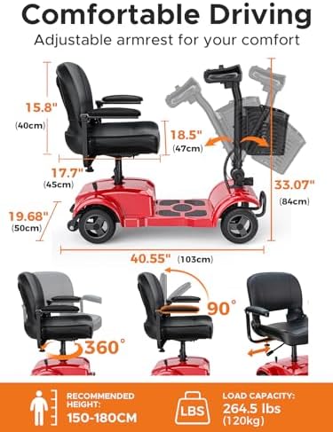 ENGWE Folding 4 Wheel Mobility Scooter,15 Mile Long Range, 250W Electric Powered Mobile Wheelchair for Seniors Adult with Detachable Basket, Front Light (Red, XL Cushion)
