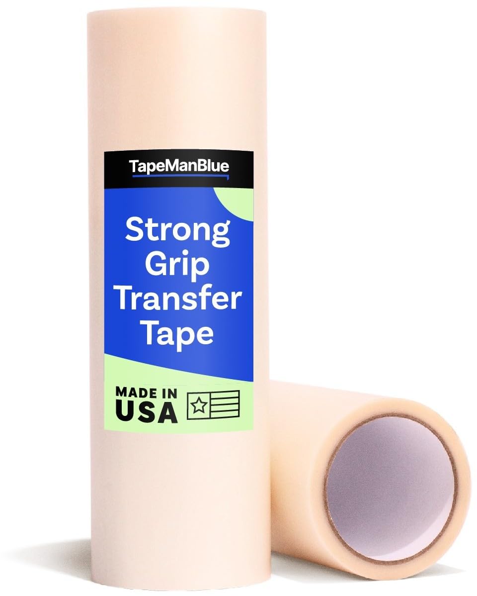 TapeManBlue Strong Grip Transfer Tape - 12" x 50' Roll of Ultra High Tack Transfer Tape for Glitter Vinyl, Holographic Vinyl, and Textured Decals, Letters & Stickers, Made in USA