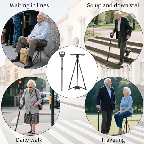 Folding Walking Cane with Seat, 2-in-1 Lightweight Aluminum Cane Stool for Seniors & Adults, Portable with Carry Bag, Anti-Slip for Travel & Hiking
