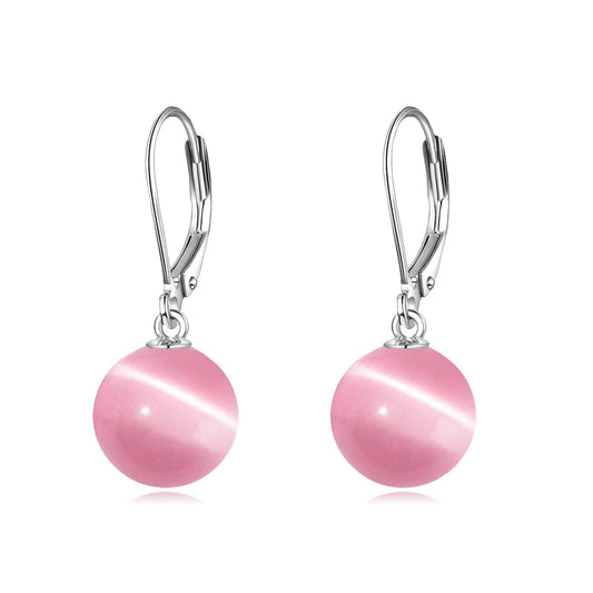 925 Sterling Silver Pink Cat's Eye Leverback Earrings Dangle Drop Jewelry Gifts for Women (Pink Cat's Eye)