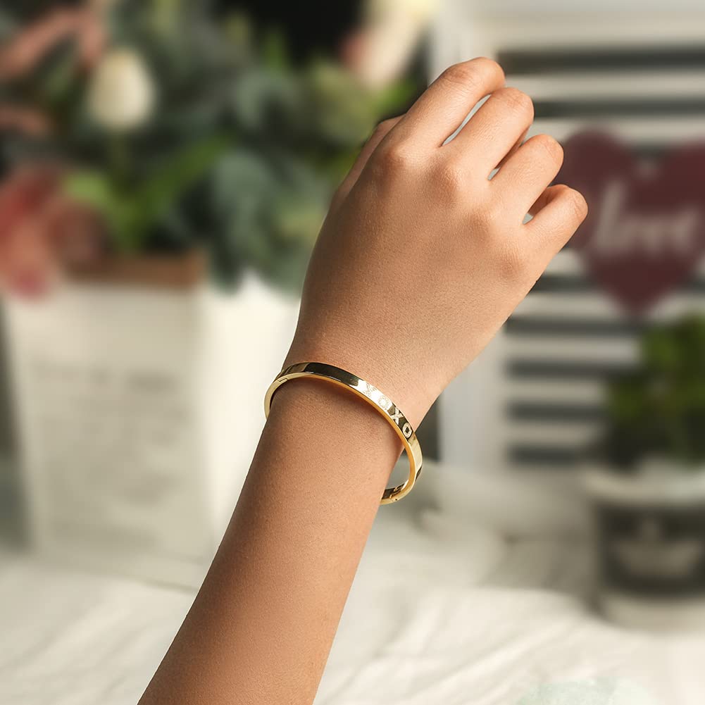 WISTIC Gold Plated Bangle Bracelet for Women, Silver Engraved Letter Cuff Bracelet with CZ, Fits 6.0–7.0 Inch Wrist, 2.4in Inner Dia., Rose Gold Stainless Steel Hinged Bangle Jewelry, XOXO, Gold