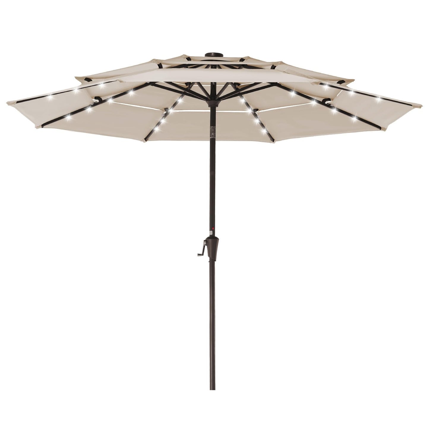 JEAREY 3 Tiers Patio Umbrella with Solar Lights 9ft Outdoor Market Table Umbrellas with Push Button Tilt for Outside Pool Garden, Tan