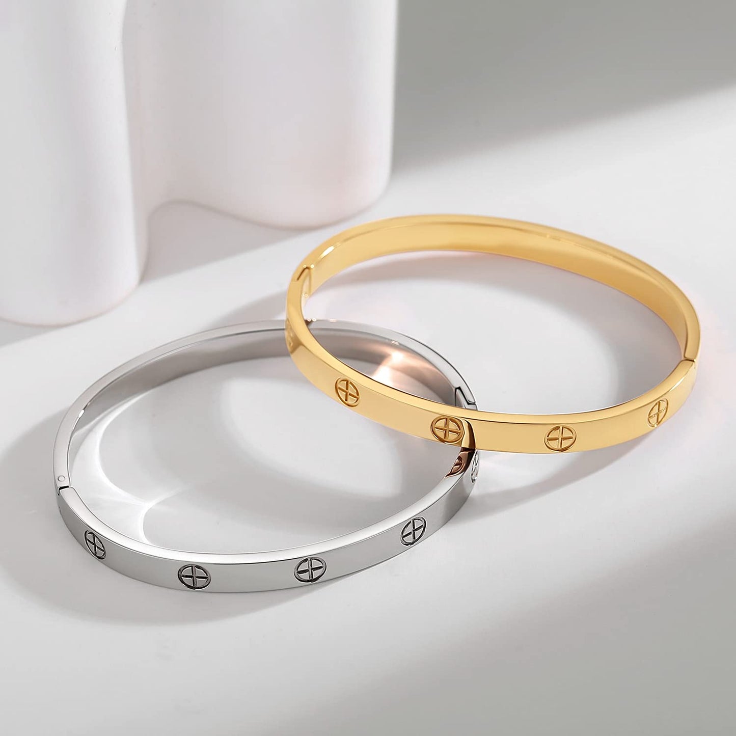 RIMRIVA 18K Gold-plated Bracelets for Women Cross Love Bangle Stainless Steel Jewelry Anniversary Her Birthday Wedding Christmas Gifts for Women Friend Mom Wife Stocking Stuffers Basket