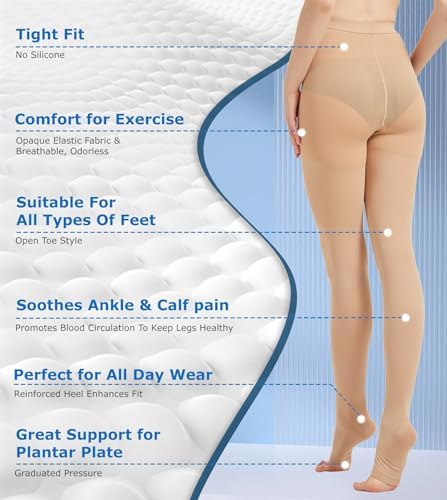 MGANG Medical Compression Pantyhose for Women & Men, 15-20mmHg Graduated Compression Support Tights, Open Toe, Opaque Waist High Compression Stockings for Edema, Varicose Veins, Flight, DVT, Beige XXL