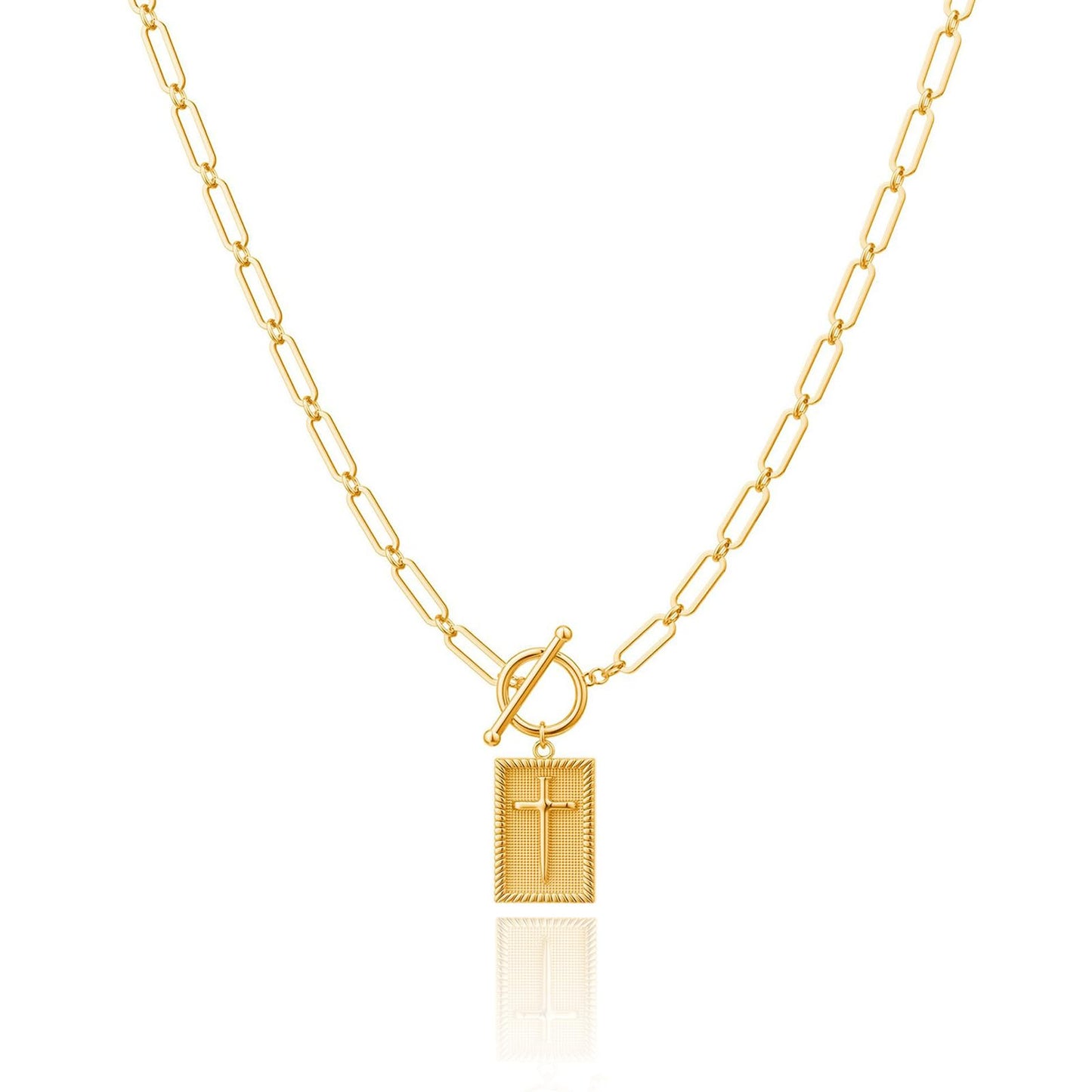 Hclian Gold Cross Pendant Necklace for Women 14K Gold Plated Paperclip Chain Choker with Toggle Clasp, Dainty Religious Statement Jewelry