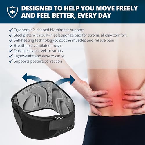 Strong Self-Heating Fit Lower Back Brace – Advanced Composite Fiber Support Belt with X-Shaped Design, Strong Lumbar Support, Pain Relief for Men & Women, Large
