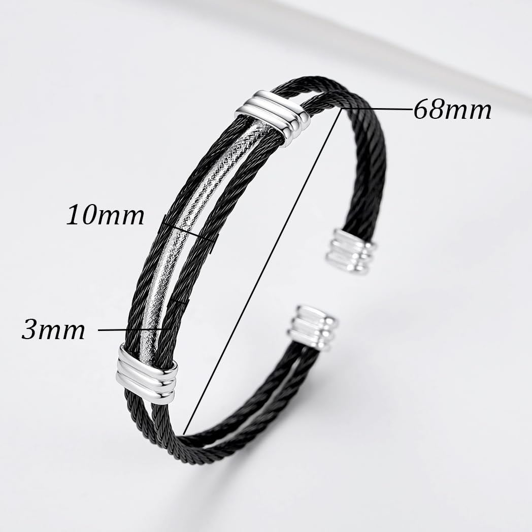 LXBQYSTO Cable Wire Twisted Cuff Bangle Bracelet For Women 14K Gold/rose/silver Stainless Steel Jewelry for Women Gift (Cuff-Black&Silver)