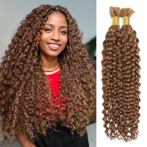 Miss Lee Human Braiding Hair for Boho Knotless Braids Bulk Curly Bundles Human Hair for Micro Braiding Wet and Wavy Water Wave No Weft Human Hair Extension for Box Boho Braids 100g with 2 Bundles 27#