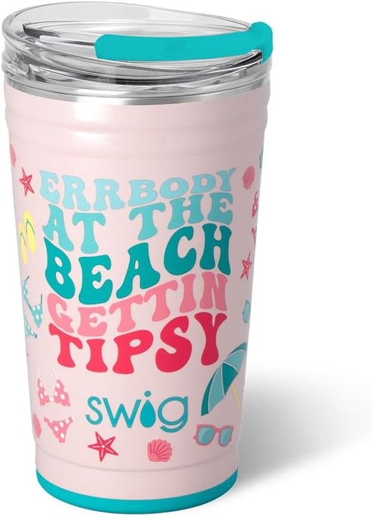 Swig Life 24oz Party Cup, Stackable Insulated Travel Coffee Tumbler with EZ Slider Lid, Cup Holder Friendly, Stainless Steel 24 oz Tumbler, Reusable Coffee Mug (Errbody Beach)