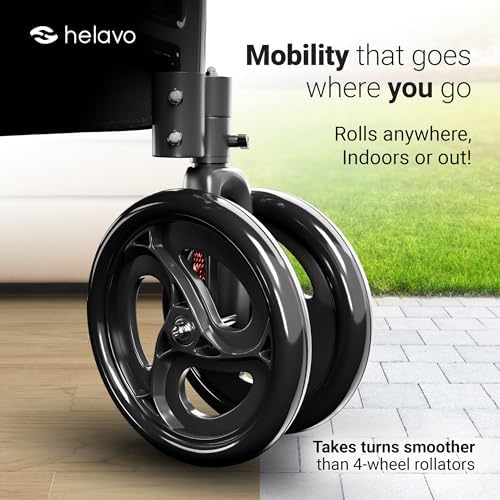 Helavo 3 Wheel Rollator Walker for Seniors, 3 x More Stable, 8" Wheels - Ultra Lightweight Foldable Narrow Walker for Small Spaces, Aluminum Three Wheel Mobility Aid for Indoors and Outdoors