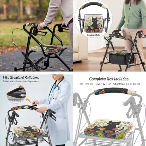 LedBack 3 Pcs Sets Universal Fit Walker Seat Cover Rollator Walker Seat & Backrest Covers, Black Cat Flowers Rollator Storage Under Seat Bag, Easy to Install
