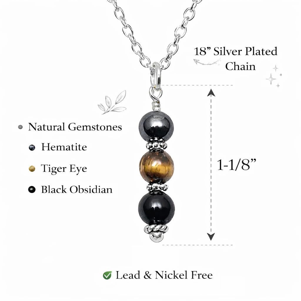 EnCharmed Antique Silver Triple Protection Necklace, Handmade Healing Jewelry for Luck Prosperity Happiness, Natural Hematite Tiger Eye and Black Obsidian Pendant, Spiritual Gift for Men or Women