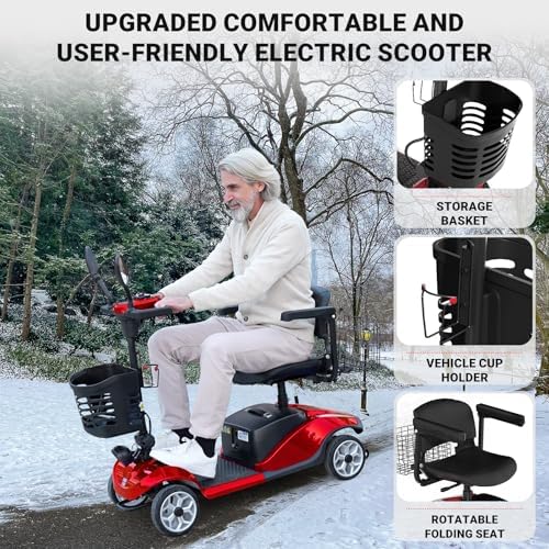 Foldable Mobility Scooters for Seniors, 4 Wheels Electric Mobility Scooter for Adults W/Removable Battery, Removable Basket, LED Headlights and Cup Holder, Charger Included - Red