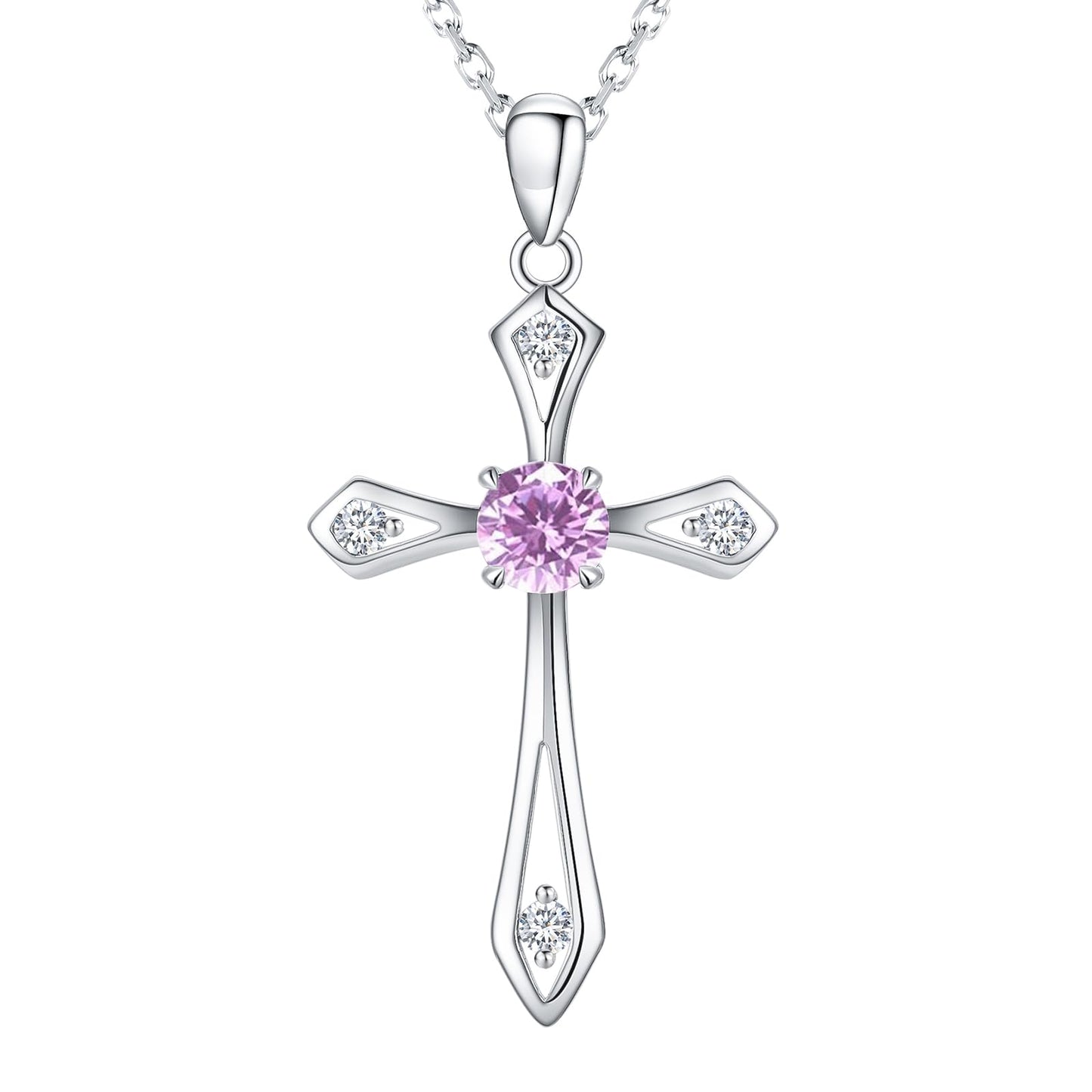 Cross Necklace for Women ,925 Sterling Silver Birthstone Necklace,Pink -October Birthstone Cross pendant jewelry,Faith Religious Fine Jewelry Valentines Day Gifts Birthday Holiday Gifts for Her