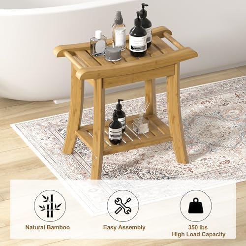 Bamboo Shower Bench Stool with Storage Shelf Small Shower Chair Seat for Inside Shower 19 x 10 x 18 Inches Natural