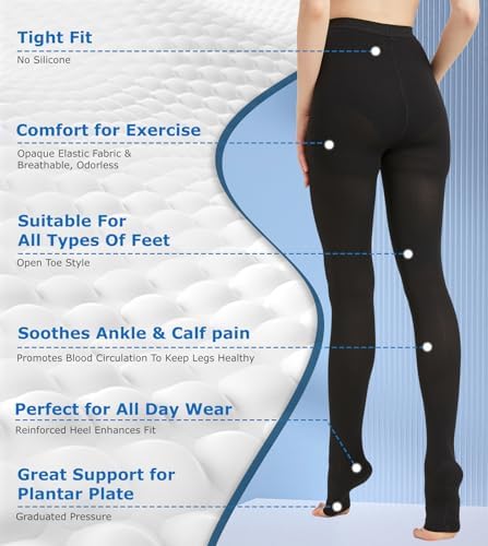 MGANG Medical Compression Pantyhose for Women & Men, 15-20mmHg Graduated Compression Support Tights, Open Toe, Opaque Waist High Compression Stockings for Edema, Varicose Veins, Flight, DVT, Black S