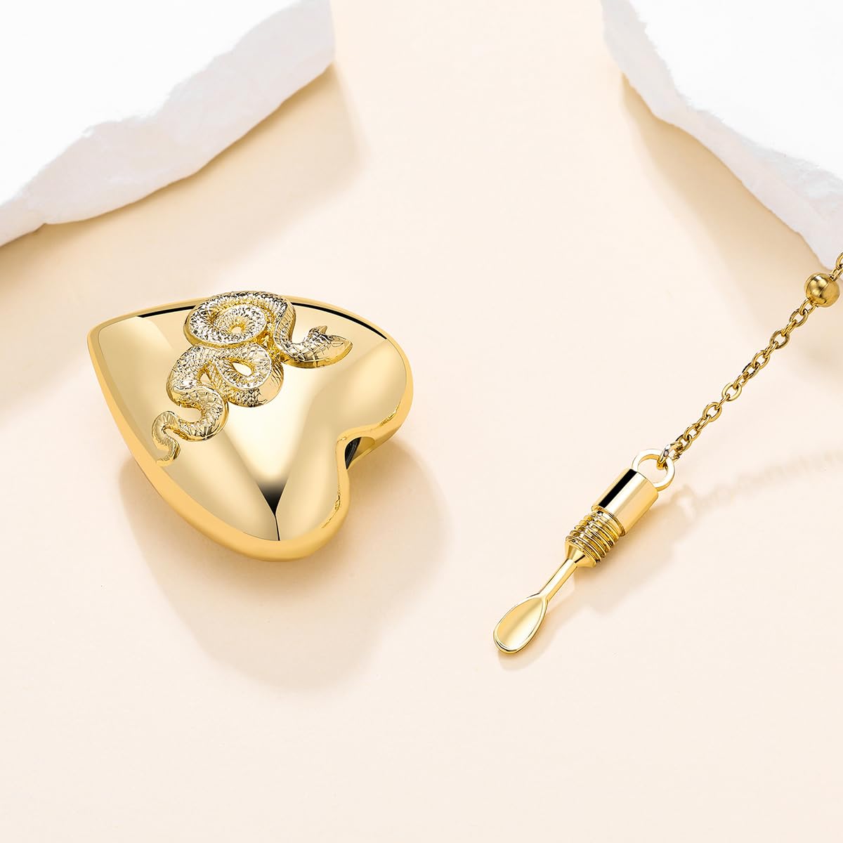 Heart Serpent Pendant Necklace 14K Plated Gold Stash Necklace With Spoon Solid Gold Plated Necklaces Jewelry Gift for Women