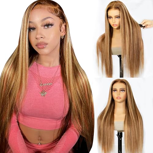 Highlight Wig Human Hair 28inch 200% Density 100 Natural Human Hair Wigs For Women 13x4 Full Frontal Transparent HD Lace Pre Plucked Ombre Straight Lace Front Wig Human Hair Brown Colored Glueless